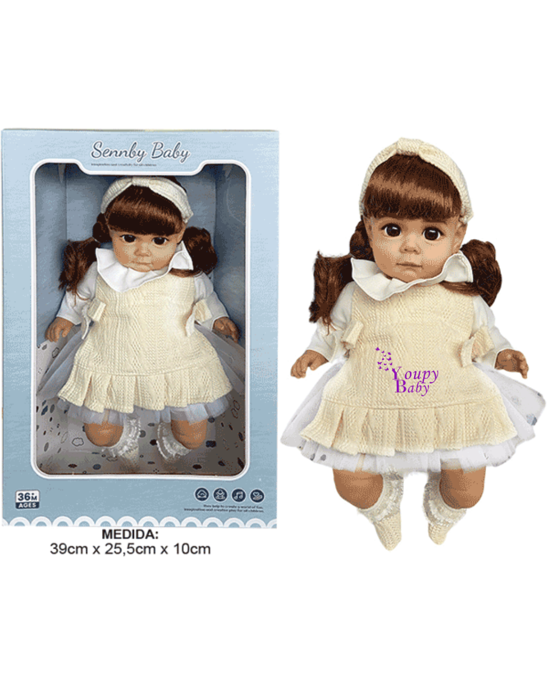 Poupée à corps souple avec 6 sons, 35 cm