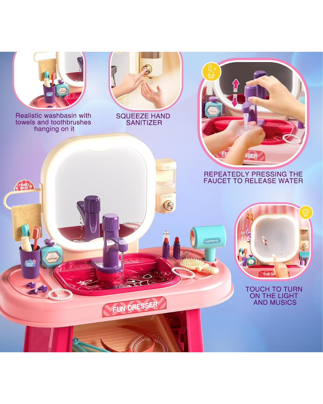 Ensemble coiffeuse miroir lumineux LED et musique 3+