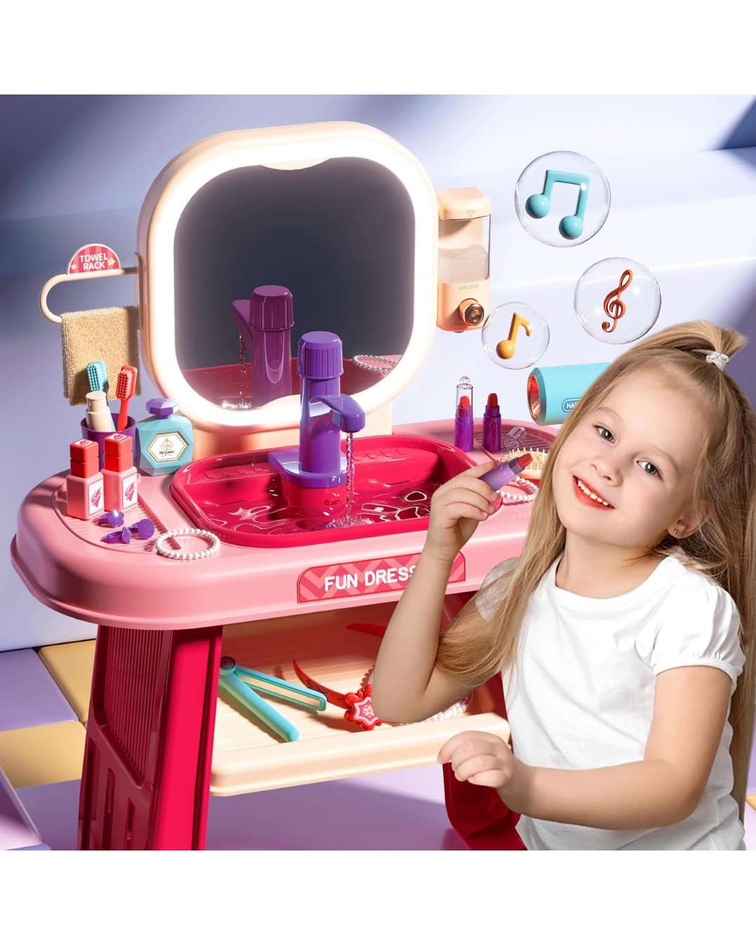 Ensemble coiffeuse miroir lumineux LED et musique 3+