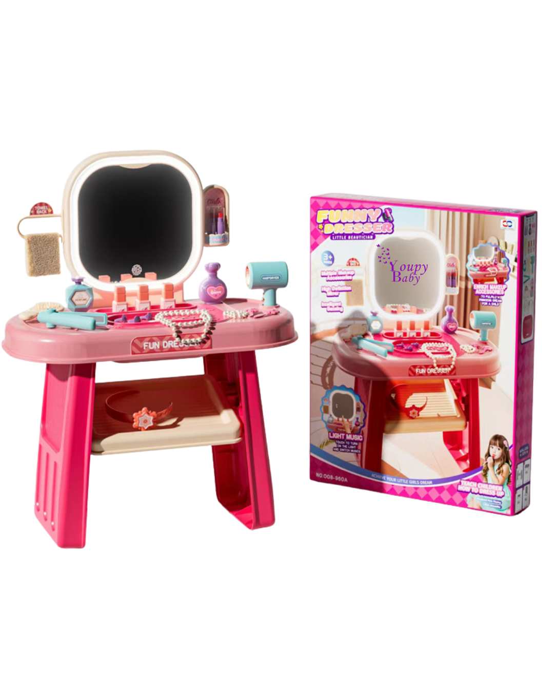 Ensemble coiffeuse miroir lumineux LED et musique 3+