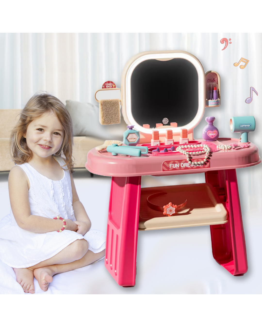 Ensemble coiffeuse miroir lumineux LED et musique 3+
