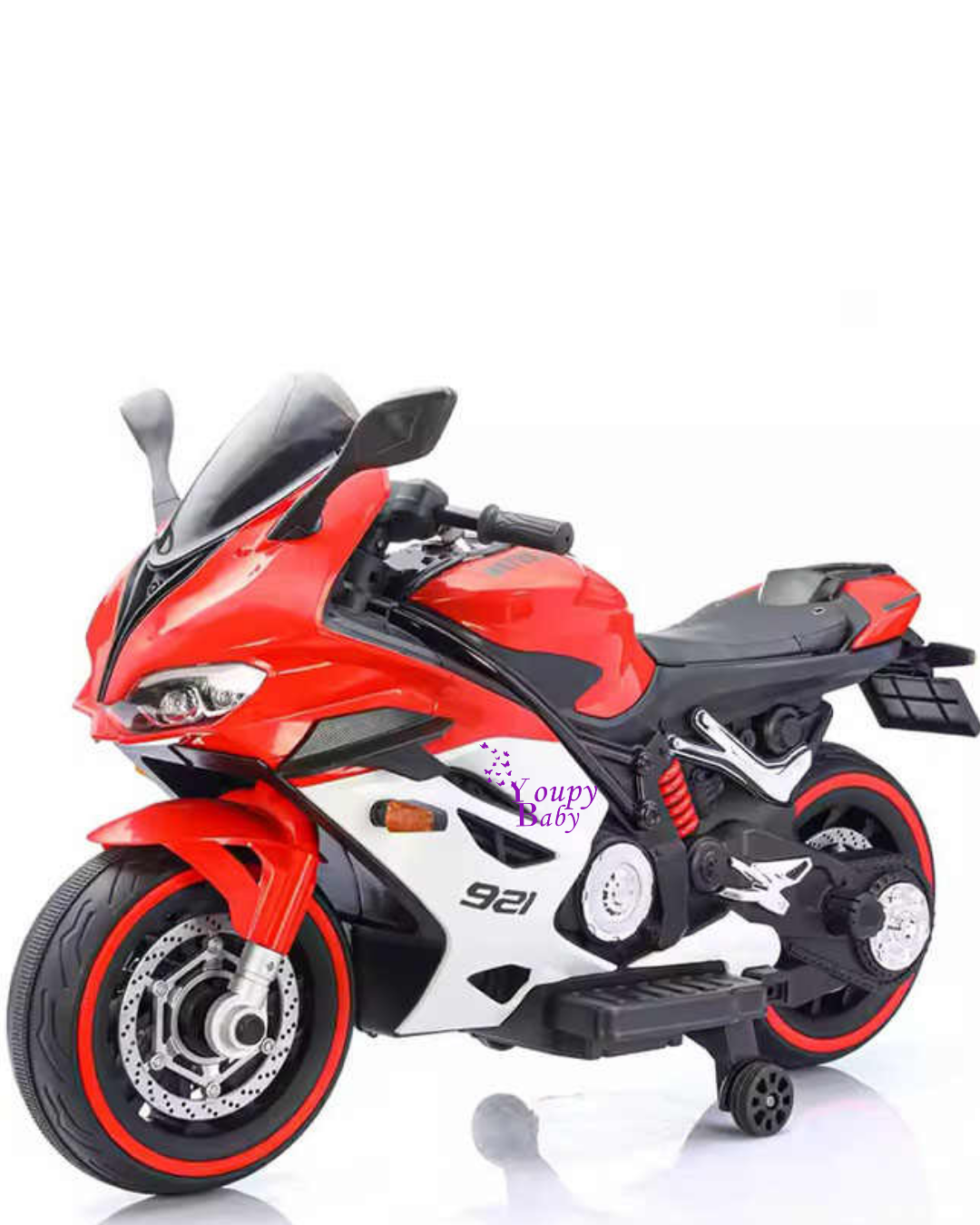 Moto électrique avec batterie 12V et siège large.