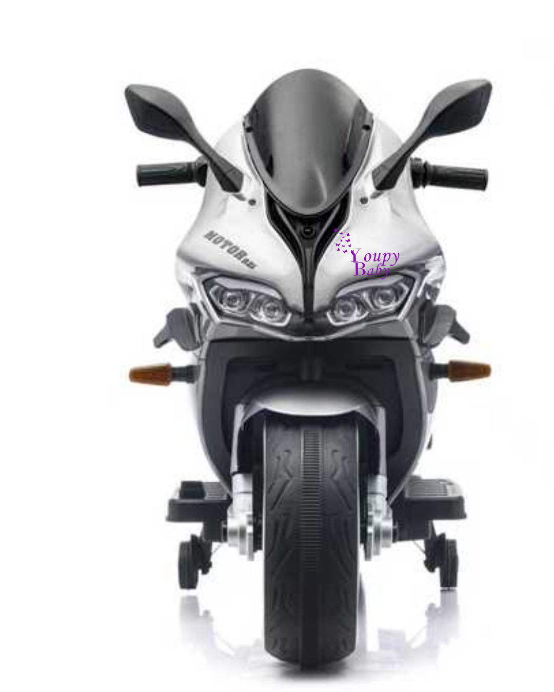 Moto électrique avec batterie 12V et siège large.