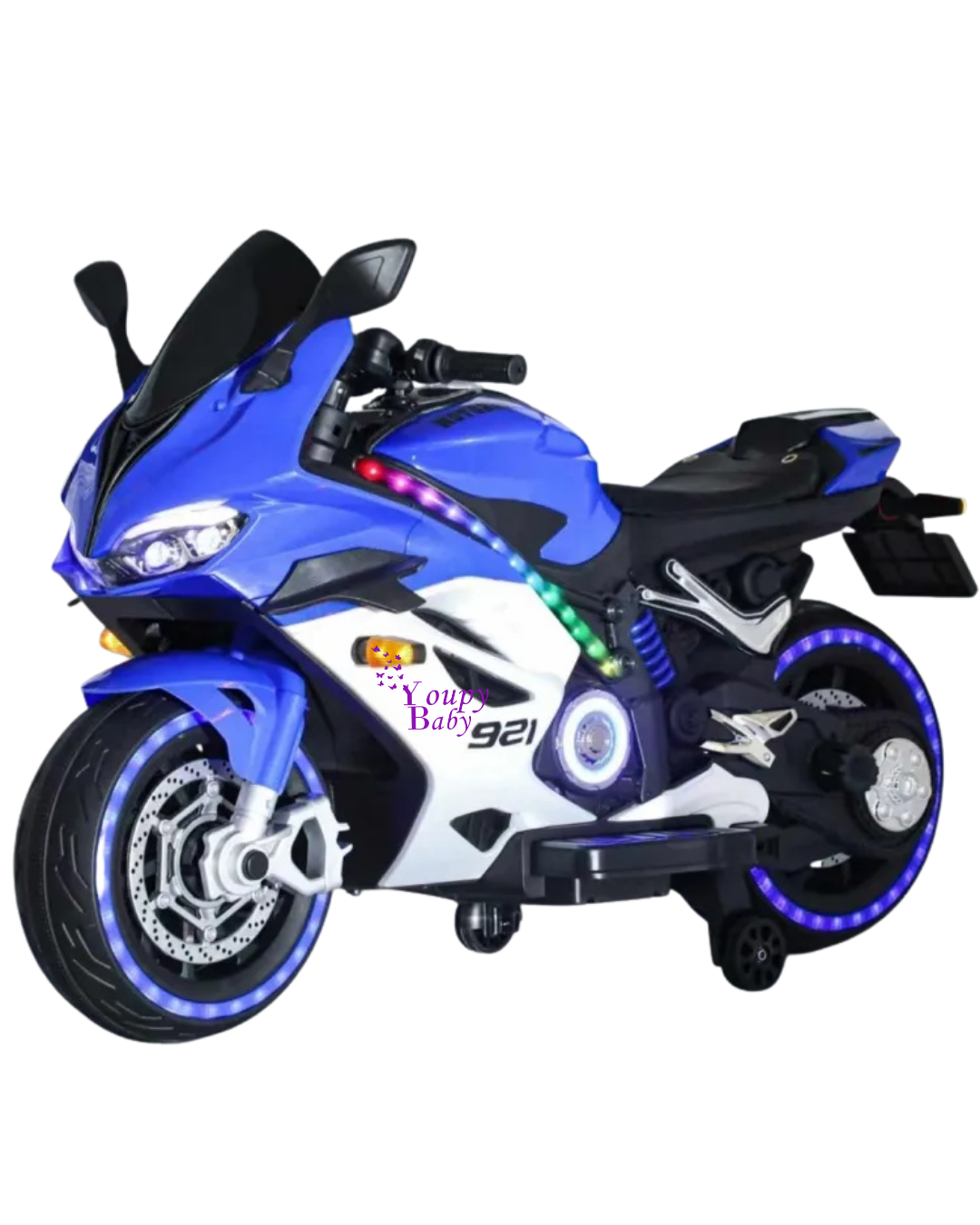 Moto électrique avec batterie 12V et siège large.