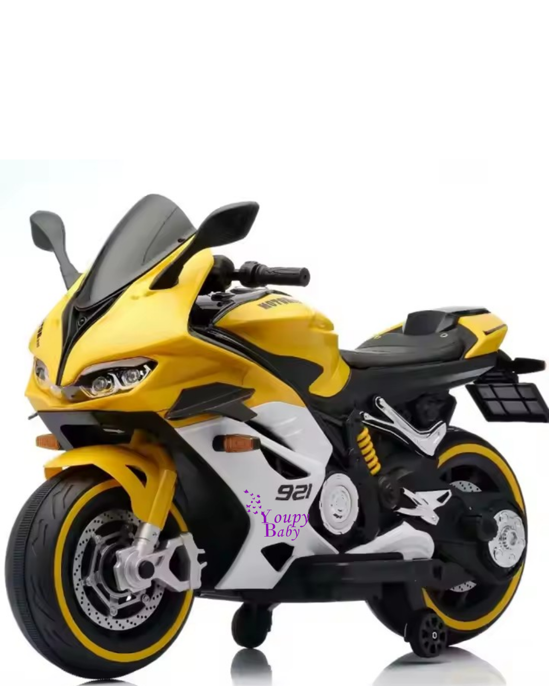 Moto électrique avec batterie 12V et siège large.