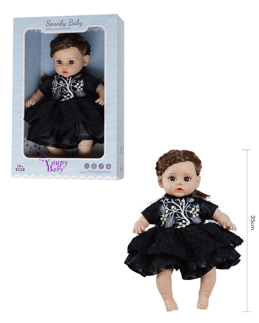 Poupée à corps souple avec 6 sons, 35 cm